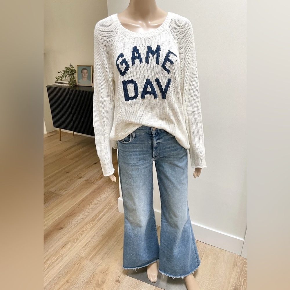 Wooden Ships Game Day Cream Navy Cotton Blend Relaxed Sweater NFL Football